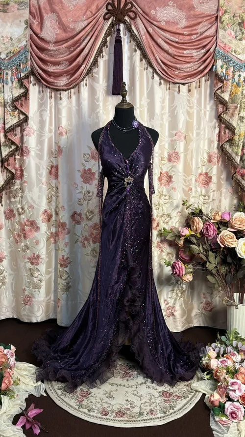 Luxury Halter V-neck Prom Dresses Beaded Sleeveless Evening Party Dress,AST2324