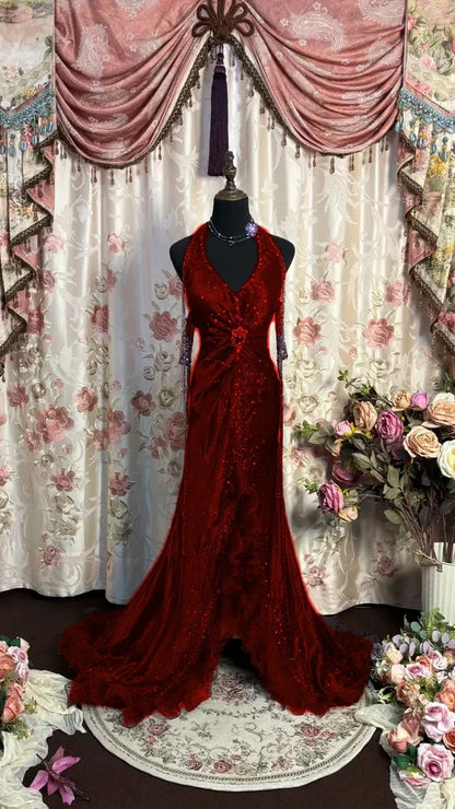 Luxury Halter V-neck Prom Dresses Beaded Sleeveless Evening Party Dress,AST2324