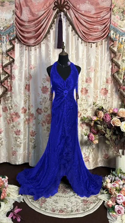 Luxury Halter V-neck Prom Dresses Beaded Sleeveless Evening Party Dress,AST2324