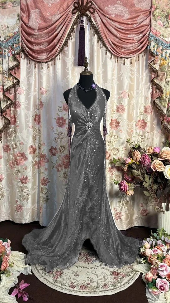 Luxury Halter V-neck Prom Dresses Beaded Sleeveless Evening Party Dress,AST2324