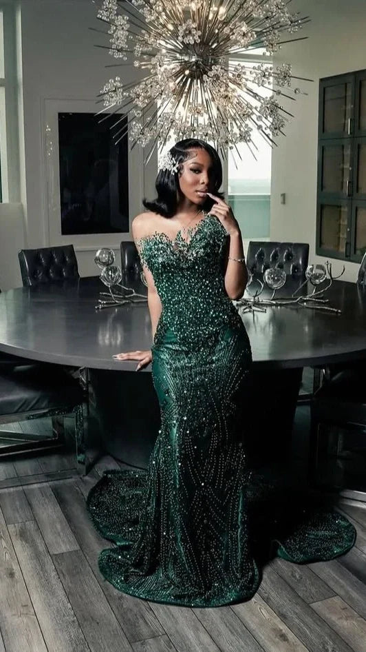 Luxury One Shoulder Satin Beaded Evening Dress Emerald Green Mermaid Prom Dress,AST2290
