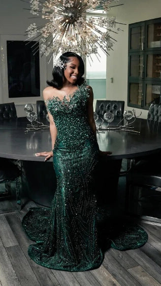 Luxury One Shoulder Satin Beaded Evening Dress Emerald Green Mermaid Prom Dress,AST2290