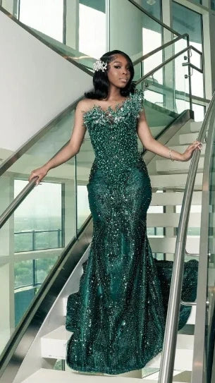 Luxury One Shoulder Satin Beaded Evening Dress Emerald Green Mermaid Prom Dress,AST2290