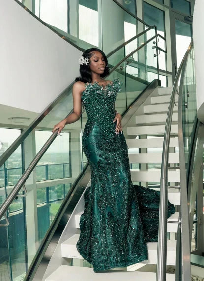 Luxury One Shoulder Satin Beaded Evening Dress Emerald Green Mermaid Prom Dress,AST2290