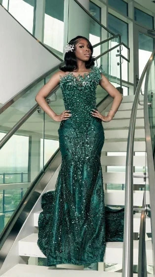 Luxury One Shoulder Satin Beaded Evening Dress Emerald Green Mermaid Prom Dress,AST2290