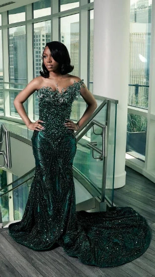 Luxury One Shoulder Satin Beaded Evening Dress Emerald Green Mermaid Prom Dress,AST2290