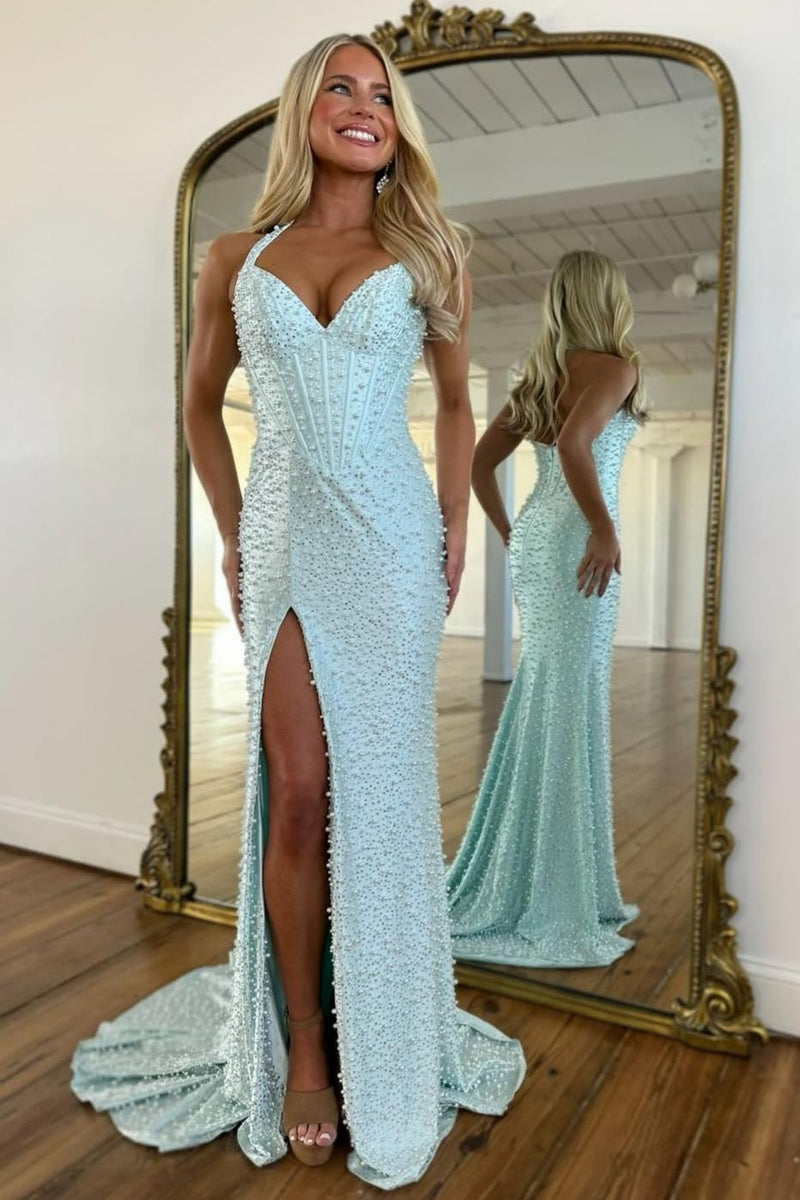 Luxury Pink Pearl Beaded Halter Mermaid Prom Dress with Corset and Slit