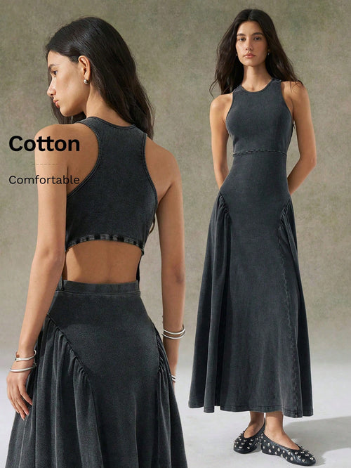 LYSMO 2025 New Arrival Women's Gray Distressed Wash Backless Design Dress Vacation Summer Casual