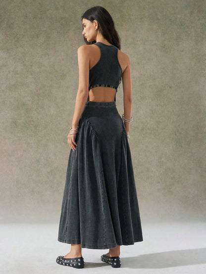 LYSMO 2025 New Arrival Women's Gray Distressed Wash Backless Design Dress Vacation Summer Casual