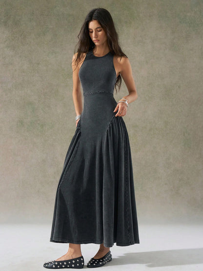 LYSMO 2025 New Arrival Women's Gray Distressed Wash Backless Design Dress Vacation Summer Casual