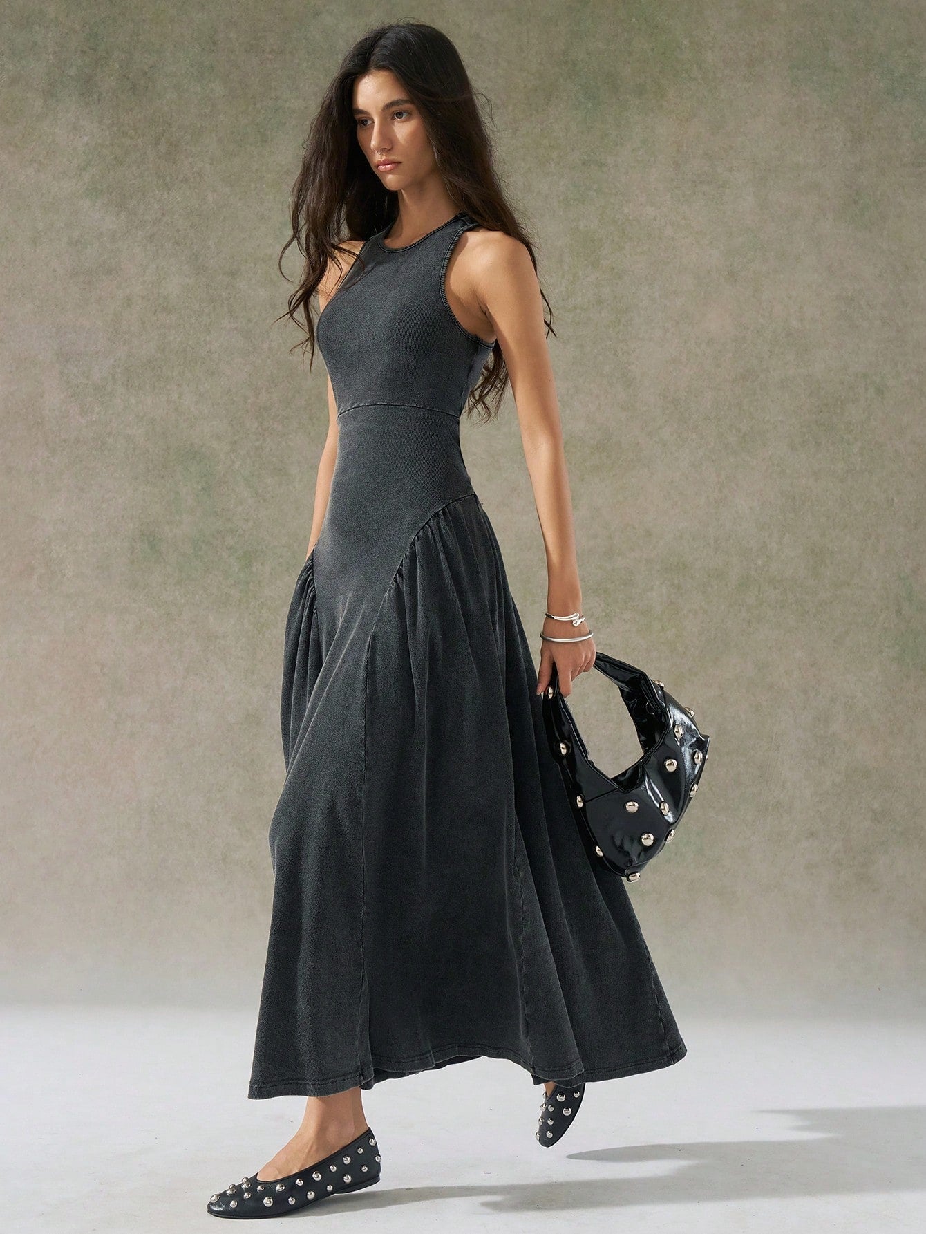 LYSMO 2025 New Arrival Women's Gray Distressed Wash Backless Design Dress Vacation Summer Casual