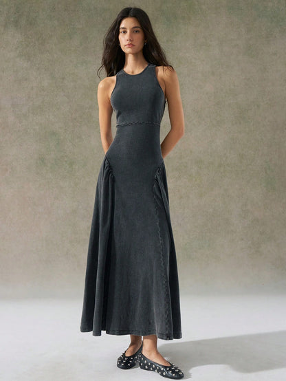 LYSMO 2025 New Arrival Women's Gray Distressed Wash Backless Design Dress Vacation Summer Casual