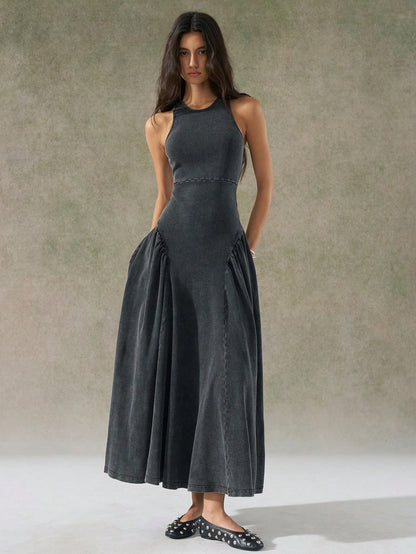 LYSMO 2025 New Arrival Women's Gray Distressed Wash Backless Design Dress Vacation Summer Casual