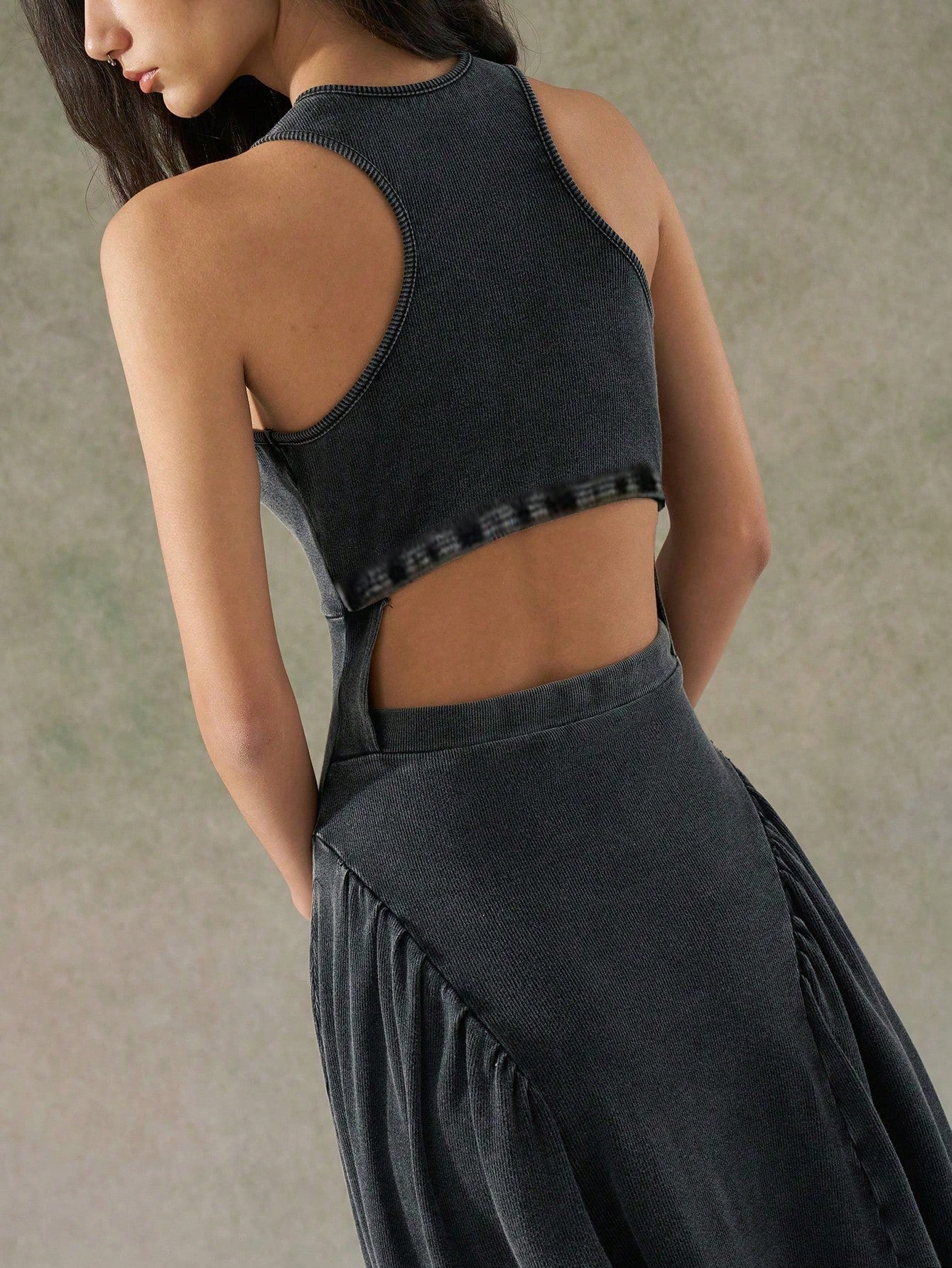 LYSMO 2025 New Arrival Women's Gray Distressed Wash Backless Design Dress Vacation Summer Casual