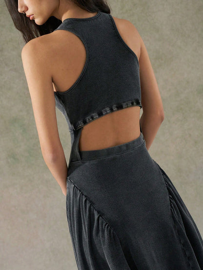LYSMO 2025 New Arrival Women's Gray Distressed Wash Backless Design Dress Vacation Summer Casual