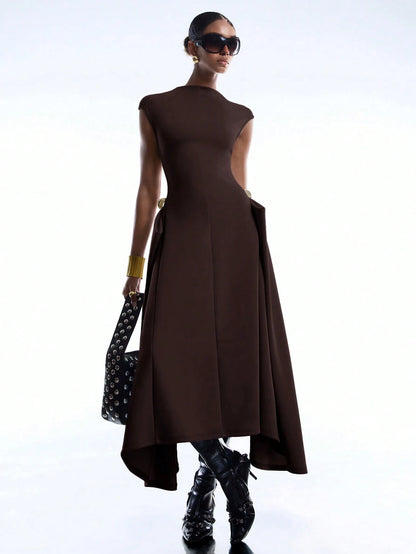 LYSMO 2026 New Arrival Simple Spring/Summer Women's Solid Color Asymmetric Hem Batwing Sleeve Dress, Ladies Coffee Brown Elegant Summer Clothing