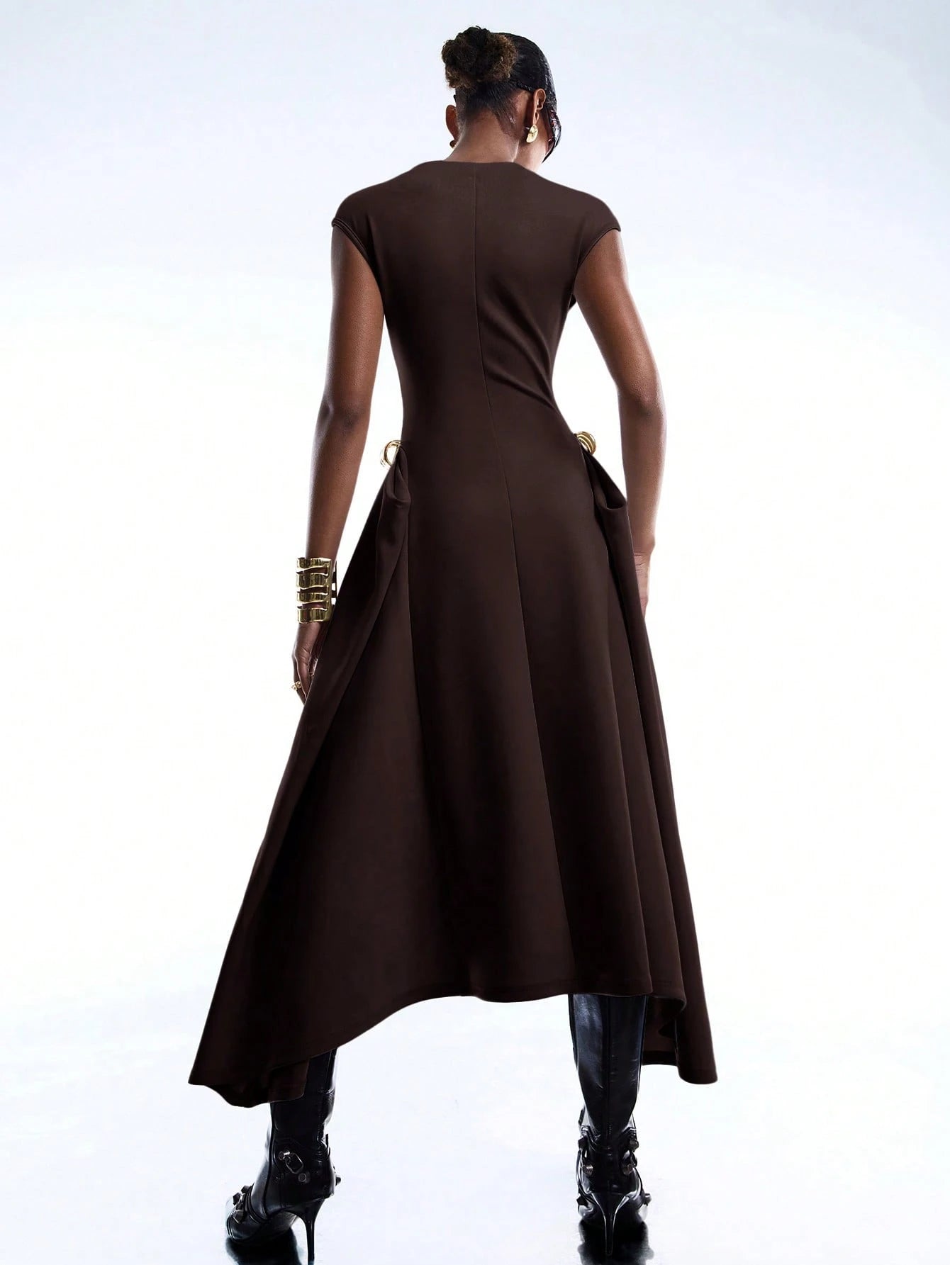 LYSMO 2026 New Arrival Simple Spring/Summer Women's Solid Color Asymmetric Hem Batwing Sleeve Dress, Ladies Coffee Brown Elegant Summer Clothing