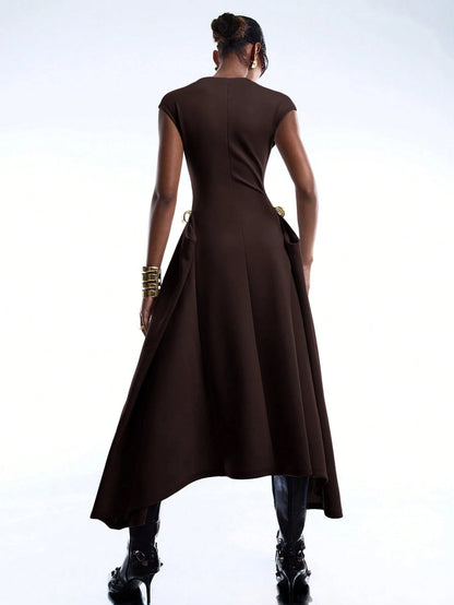 LYSMO 2026 New Arrival Simple Spring/Summer Women's Solid Color Asymmetric Hem Batwing Sleeve Dress, Ladies Coffee Brown Elegant Summer Clothing