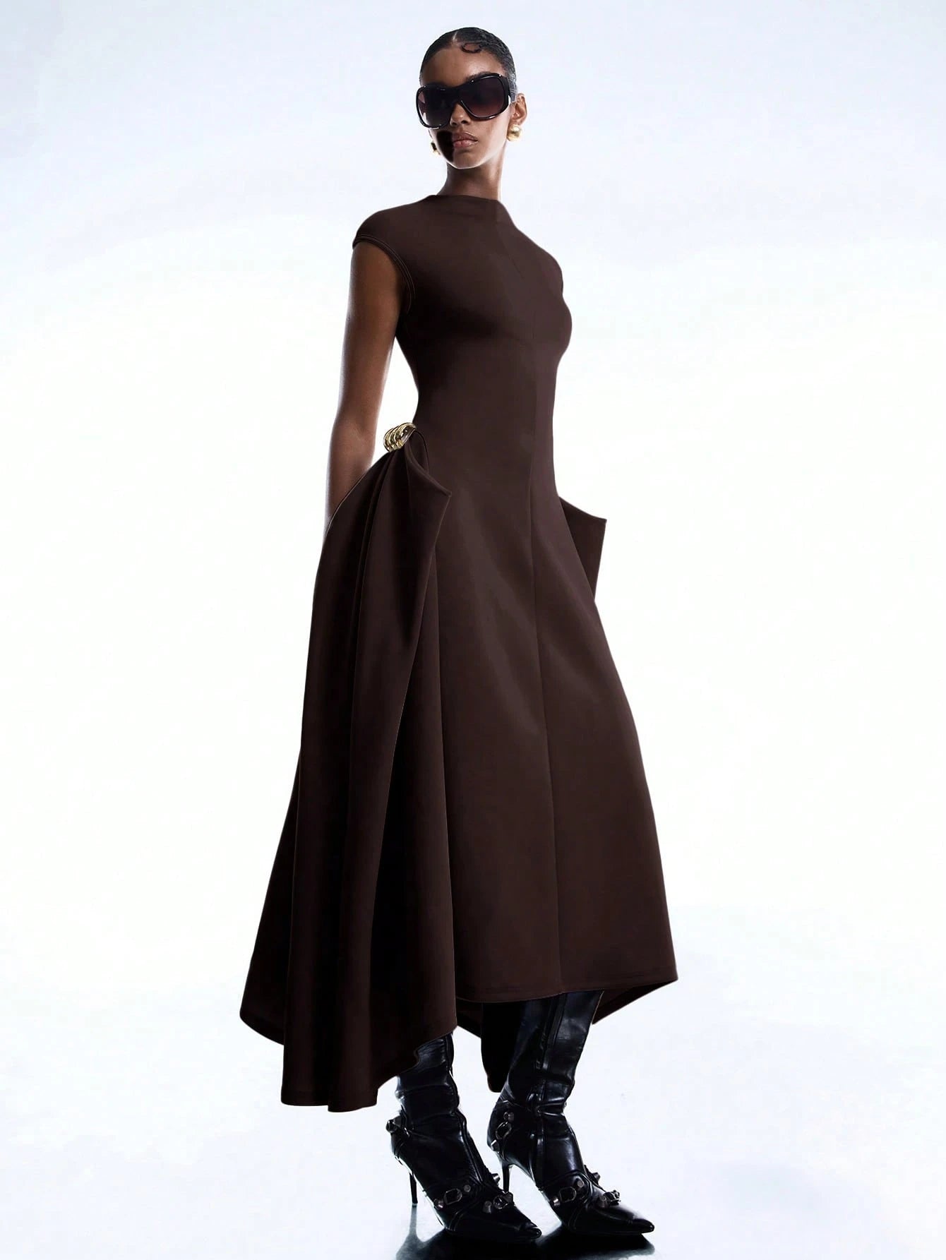 LYSMO 2026 New Arrival Simple Spring/Summer Women's Solid Color Asymmetric Hem Batwing Sleeve Dress, Ladies Coffee Brown Elegant Summer Clothing