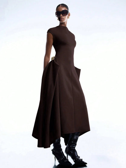 LYSMO 2026 New Arrival Simple Spring/Summer Women's Solid Color Asymmetric Hem Batwing Sleeve Dress, Ladies Coffee Brown Elegant Summer Clothing