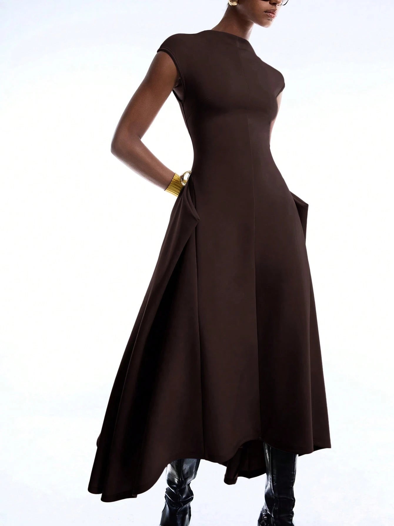 LYSMO 2026 New Arrival Simple Spring/Summer Women's Solid Color Asymmetric Hem Batwing Sleeve Dress, Ladies Coffee Brown Elegant Summer Clothing
