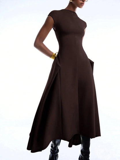 LYSMO 2026 New Arrival Simple Spring/Summer Women's Solid Color Asymmetric Hem Batwing Sleeve Dress, Ladies Coffee Brown Elegant Summer Clothing