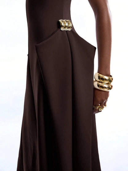 LYSMO 2026 New Arrival Simple Spring/Summer Women's Solid Color Asymmetric Hem Batwing Sleeve Dress, Ladies Coffee Brown Elegant Summer Clothing