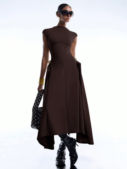 LYSMO 2026 New Arrival Simple Spring/Summer Women's Solid Color Asymmetric Hem Batwing Sleeve Dress, Ladies Coffee Brown Elegant Summer Clothing