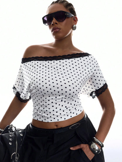 LYSMO Plus Size Women's Contrast Lace Black And White Print Asymmetrical Shoulder Ruched T-Shirt Party Birthday Summer 1950s Vintage 70's