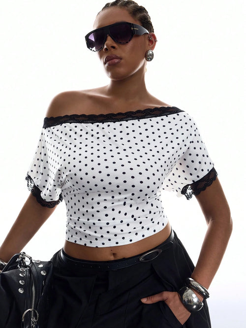 LYSMO Plus Size Women's Contrast Lace Black And White Print Asymmetrical Shoulder Ruched T-Shirt Party Birthday Summer 1950s Vintage 70's