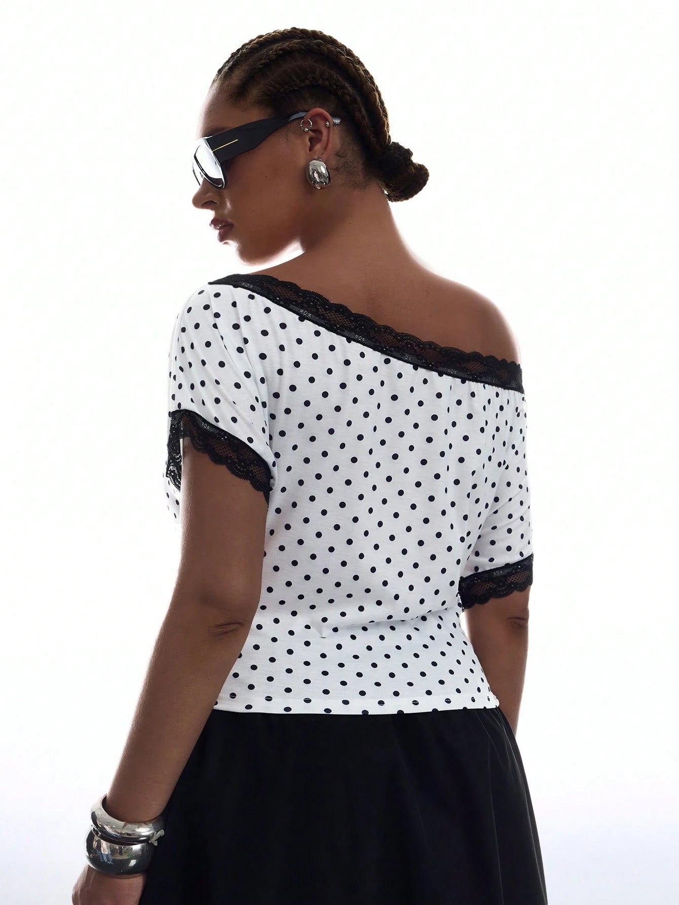LYSMO Plus Size Women's Contrast Lace Black And White Print Asymmetrical Shoulder Ruched T-Shirt Party Birthday Summer 1950s Vintage 70's