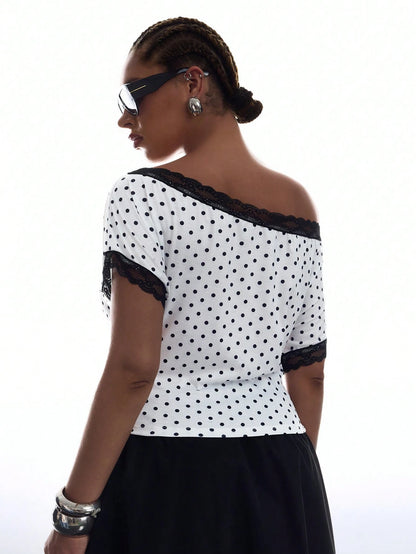 LYSMO Plus Size Women's Contrast Lace Black And White Print Asymmetrical Shoulder Ruched T-Shirt Party Birthday Summer 1950s Vintage 70's