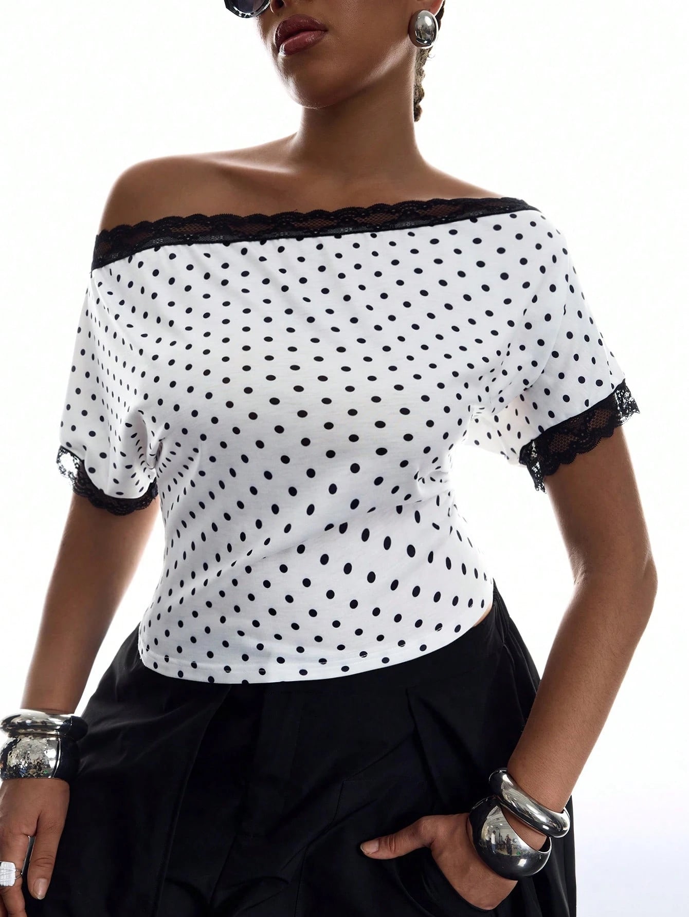 LYSMO Plus Size Women's Contrast Lace Black And White Print Asymmetrical Shoulder Ruched T-Shirt Party Birthday Summer 1950s Vintage 70's