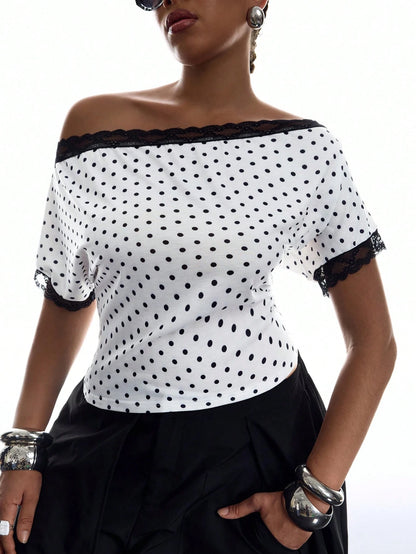 LYSMO Plus Size Women's Contrast Lace Black And White Print Asymmetrical Shoulder Ruched T-Shirt Party Birthday Summer 1950s Vintage 70's