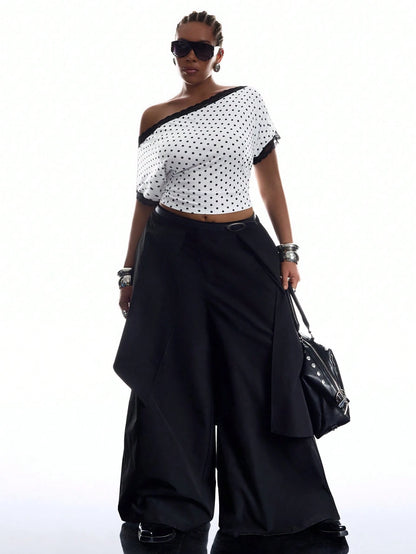 LYSMO Plus Size Women's Contrast Lace Black And White Print Asymmetrical Shoulder Ruched T-Shirt Party Birthday Summer 1950s Vintage 70's