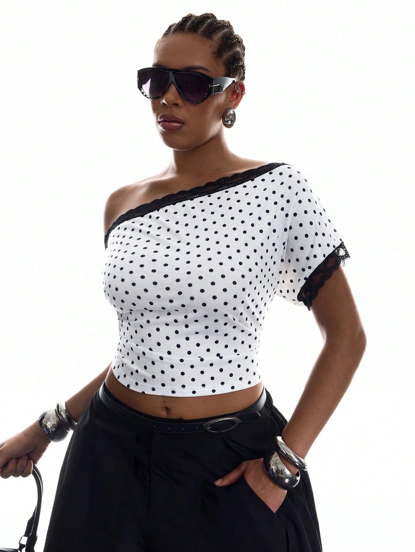 LYSMO Plus Size Women's Contrast Lace Black And White Print Asymmetrical Shoulder Ruched T-Shirt Party Birthday Summer 1950s Vintage 70's