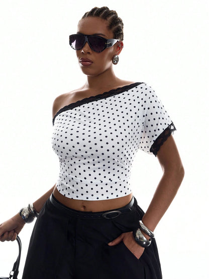 LYSMO Plus Size Women's Contrast Lace Black And White Print Asymmetrical Shoulder Ruched T-Shirt Party Birthday Summer 1950s Vintage 70's