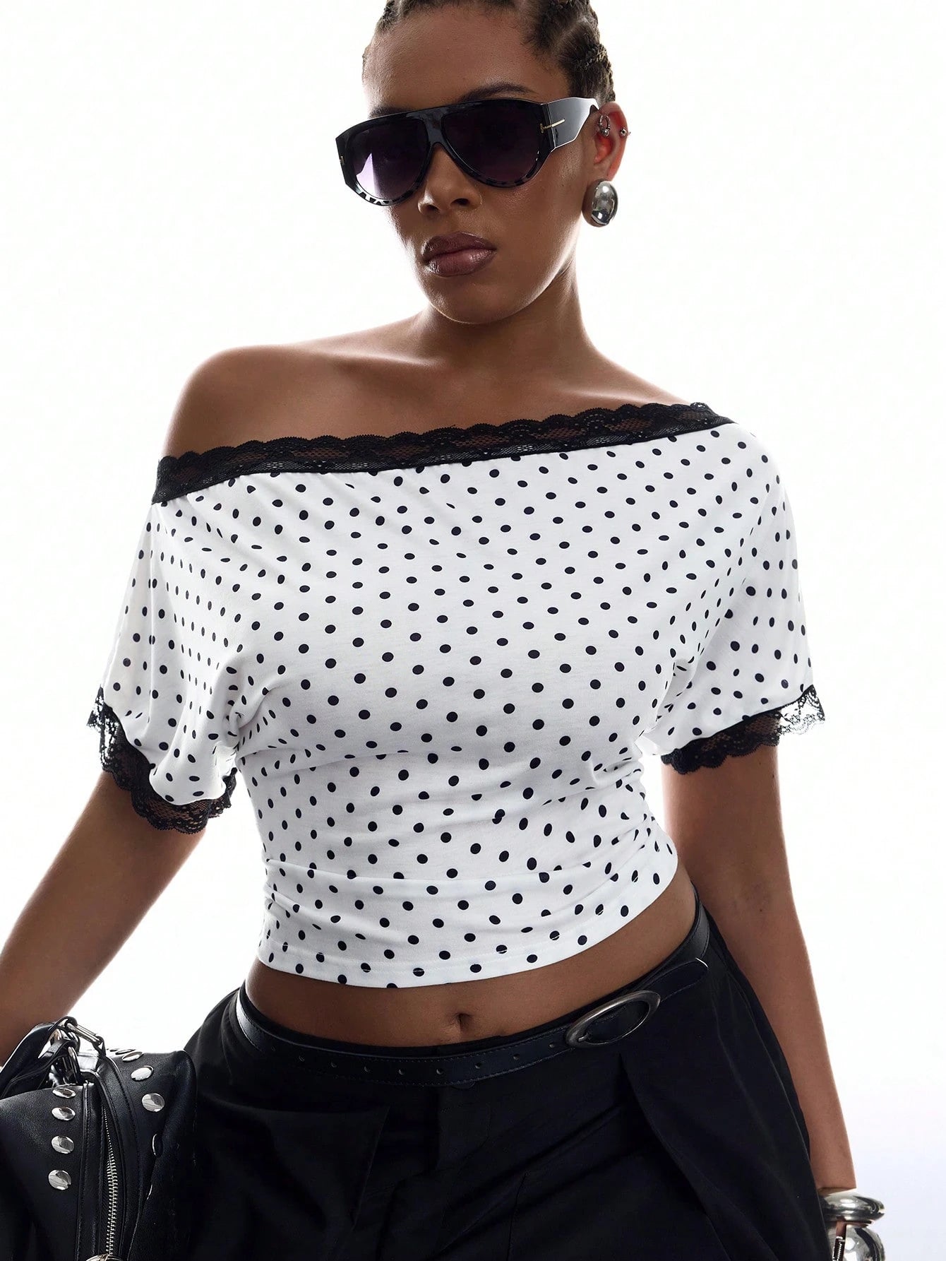 LYSMO Plus Size Women's Contrast Lace Black And White Print Asymmetrical Shoulder Ruched T-Shirt Party Birthday Summer 1950s Vintage 70's