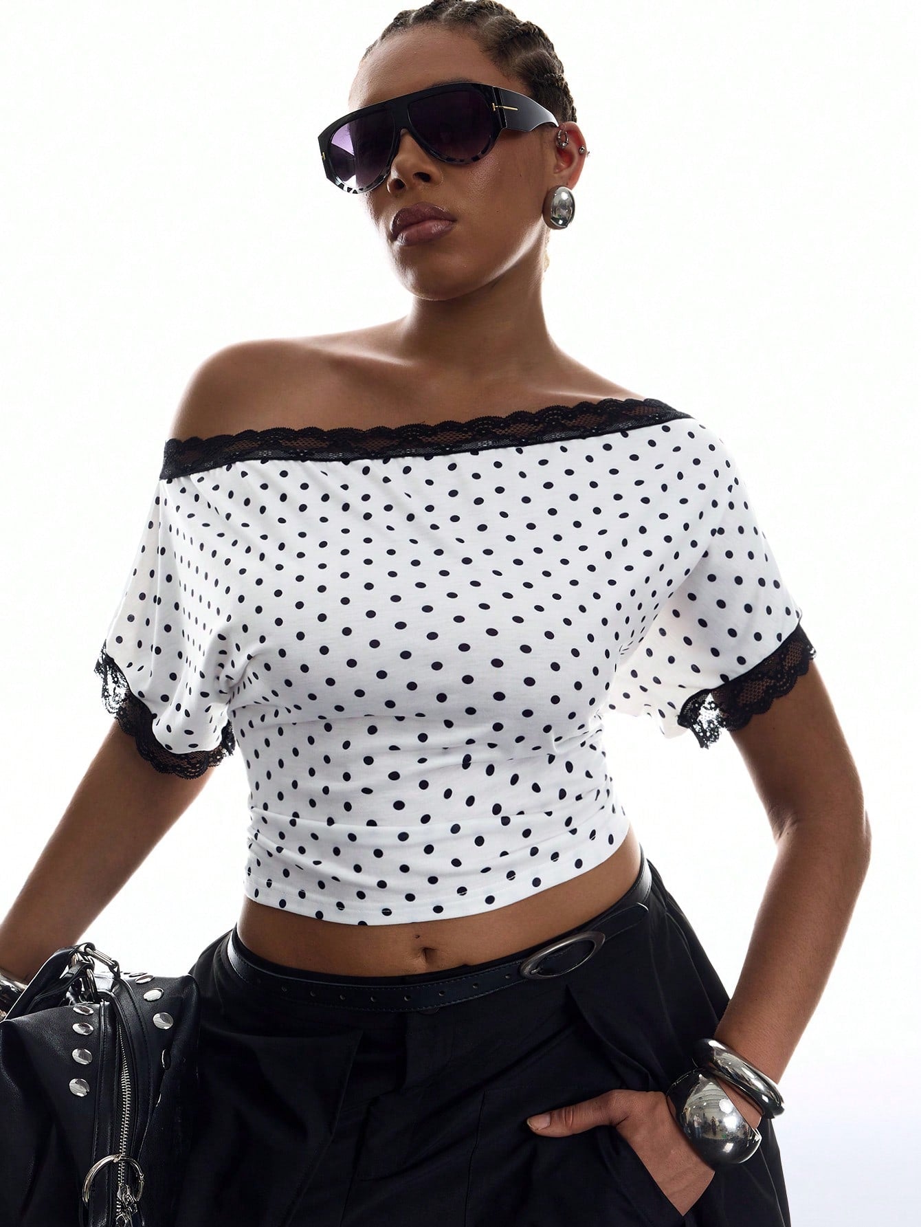 LYSMO Plus Size Women's Contrast Lace Black And White Print Asymmetrical Shoulder Ruched T-Shirt Party Birthday Summer 1950s Vintage 70's