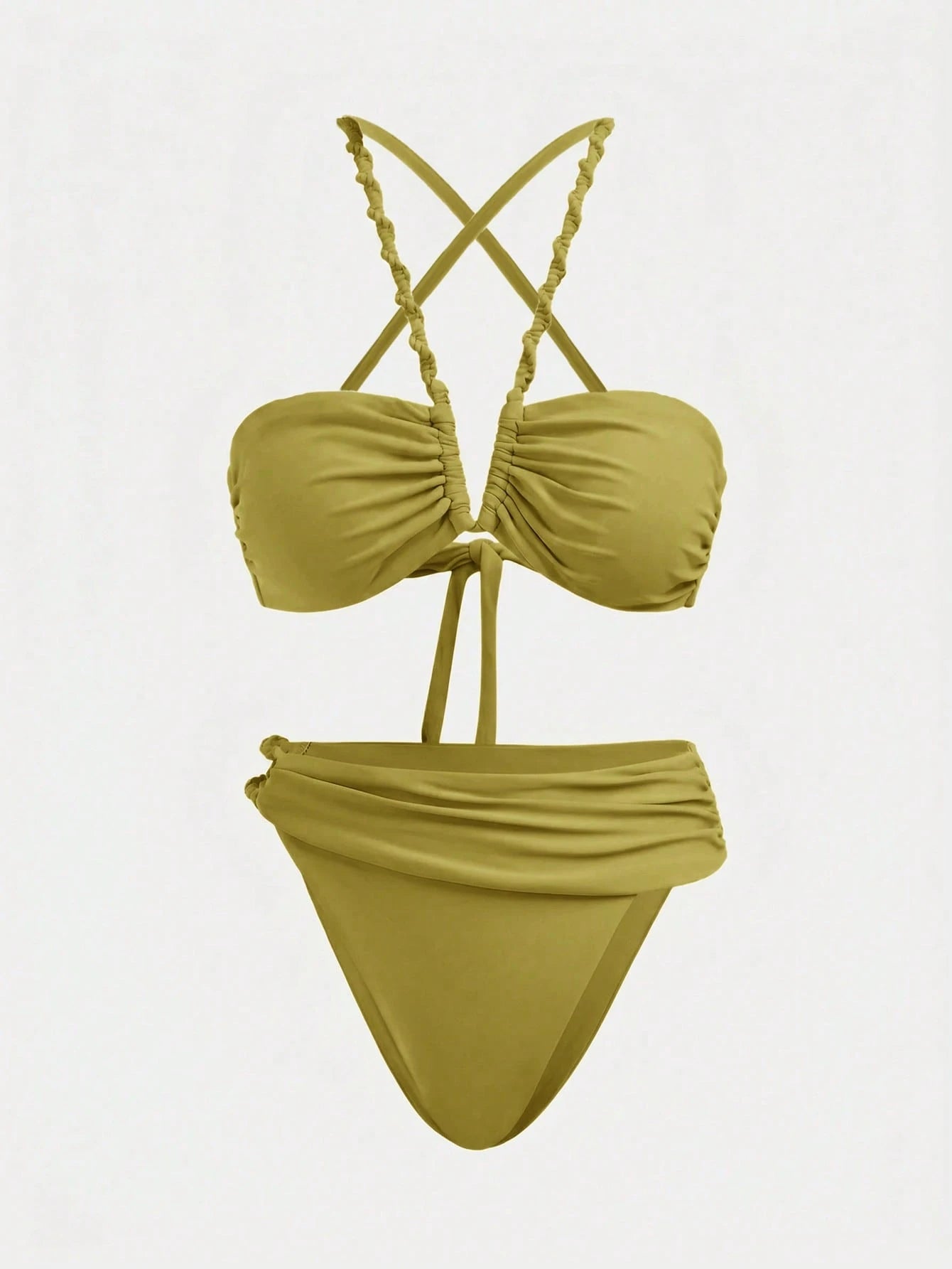 Maija Women's Summer Beach Solid Color Ruched Halter Tie Sexy Bikini And Triangle Panty Swimwear Set Bathing Suits For Women