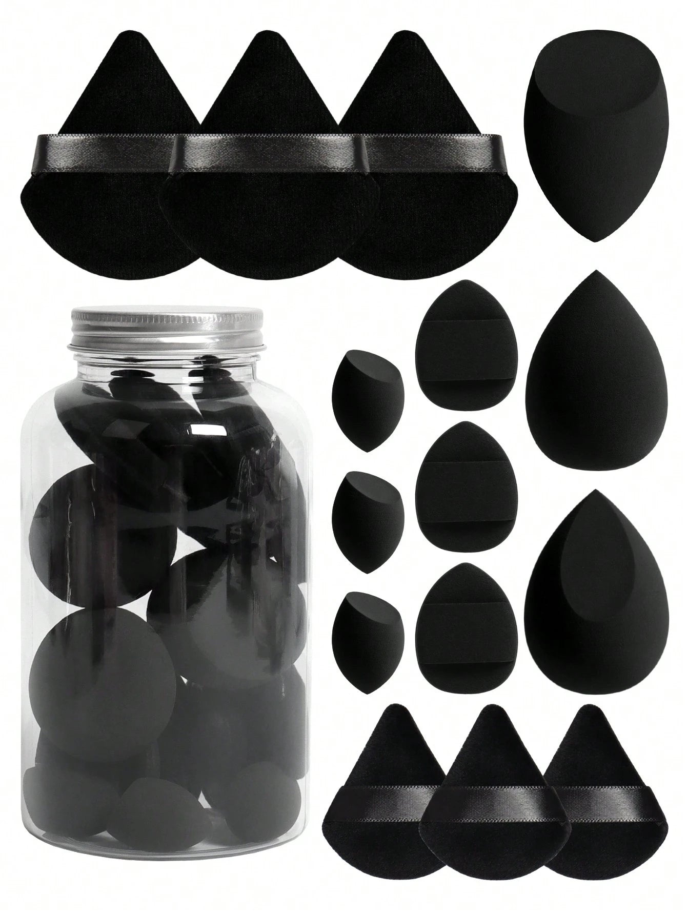 Makeup Sponge Set With 15 Sponges And Storage Jar, 3 Regular Makeup Sponges & 3 Mini Makeup Sponges & 3 Loose Powder Puffs & 3 Mini Loose Powder Puffs & 3 Mini Finger Cushion Powder Puffs. Mixed Shape