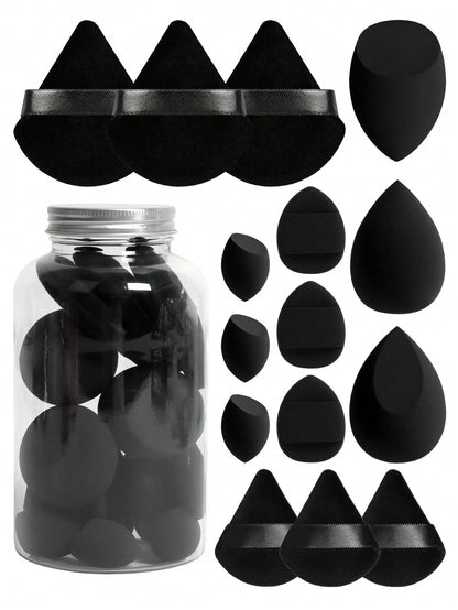 Makeup Sponge Set With 15 Sponges And Storage Jar, 3 Regular Makeup Sponges & 3 Mini Makeup Sponges & 3 Loose Powder Puffs & 3 Mini Loose Powder Puffs & 3 Mini Finger Cushion Powder Puffs. Mixed Shape