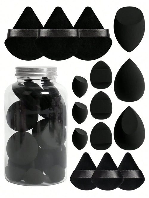 Makeup Sponge Set With 15 Sponges And Storage Jar, 3 Regular Makeup Sponges & 3 Mini Makeup Sponges & 3 Loose Powder Puffs & 3 Mini Loose Powder Puffs & 3 Mini Finger Cushion Powder Puffs. Mixed Shape