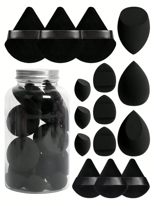 Makeup Sponge Set With 15 Sponges And Storage Jar, 3 Regular Makeup Sponges & 3 Mini Makeup Sponges & 3 Loose Powder Puffs & 3 Mini Loose Powder Puffs & 3 Mini Finger Cushion Powder Puffs. Mixed Shape