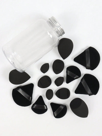 Makeup Sponge Set With 15 Sponges And Storage Jar, 3 Regular Makeup Sponges & 3 Mini Makeup Sponges & 3 Loose Powder Puffs & 3 Mini Loose Powder Puffs & 3 Mini Finger Cushion Powder Puffs. Mixed Shape
