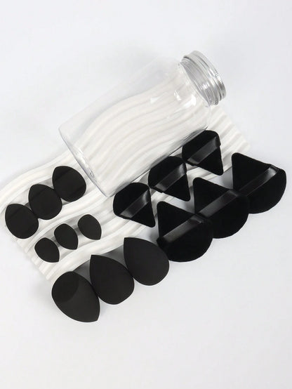 Makeup Sponge Set With 15 Sponges And Storage Jar, 3 Regular Makeup Sponges & 3 Mini Makeup Sponges & 3 Loose Powder Puffs & 3 Mini Loose Powder Puffs & 3 Mini Finger Cushion Powder Puffs. Mixed Shape