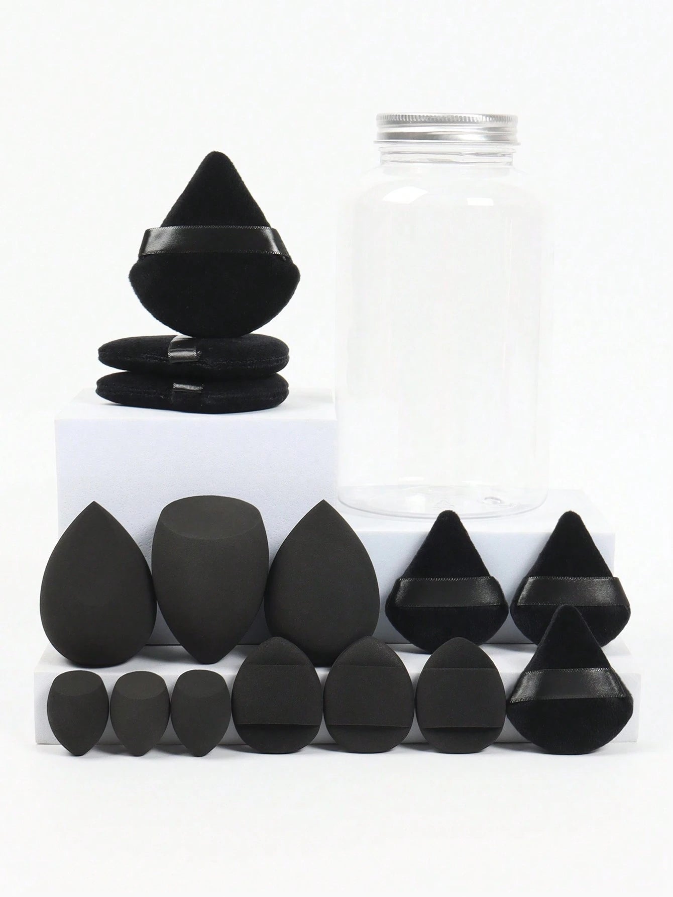 Makeup Sponge Set With 15 Sponges And Storage Jar, 3 Regular Makeup Sponges & 3 Mini Makeup Sponges & 3 Loose Powder Puffs & 3 Mini Loose Powder Puffs & 3 Mini Finger Cushion Powder Puffs. Mixed Shape