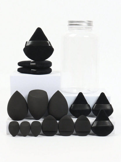 Makeup Sponge Set With 15 Sponges And Storage Jar, 3 Regular Makeup Sponges & 3 Mini Makeup Sponges & 3 Loose Powder Puffs & 3 Mini Loose Powder Puffs & 3 Mini Finger Cushion Powder Puffs. Mixed Shape