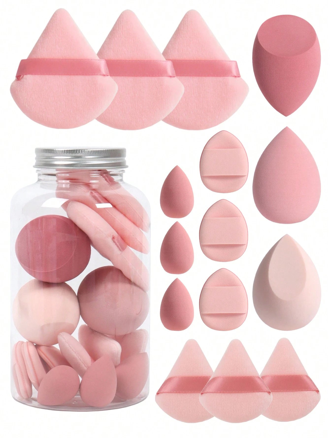 Makeup Sponge Set With 15 Sponges And Storage Jar, 3 Regular Makeup Sponges & 3 Mini Makeup Sponges & 3 Loose Powder Puffs & 3 Mini Loose Powder Puffs & 3 Mini Finger Cushion Powder Puffs. Mixed Shape