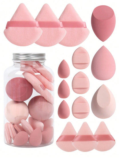 Makeup Sponge Set With 15 Sponges And Storage Jar, 3 Regular Makeup Sponges & 3 Mini Makeup Sponges & 3 Loose Powder Puffs & 3 Mini Loose Powder Puffs & 3 Mini Finger Cushion Powder Puffs. Mixed Shape